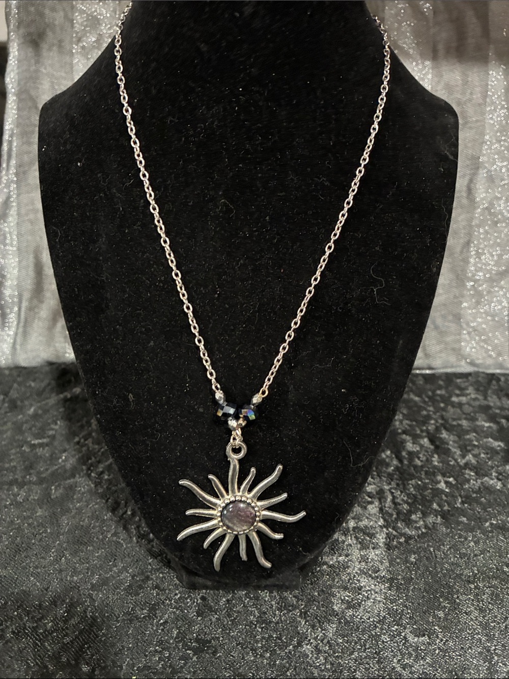 Vintage Silver Tone Celestial Sunburst Pendant Necklace w/ Iridescent Cabochon